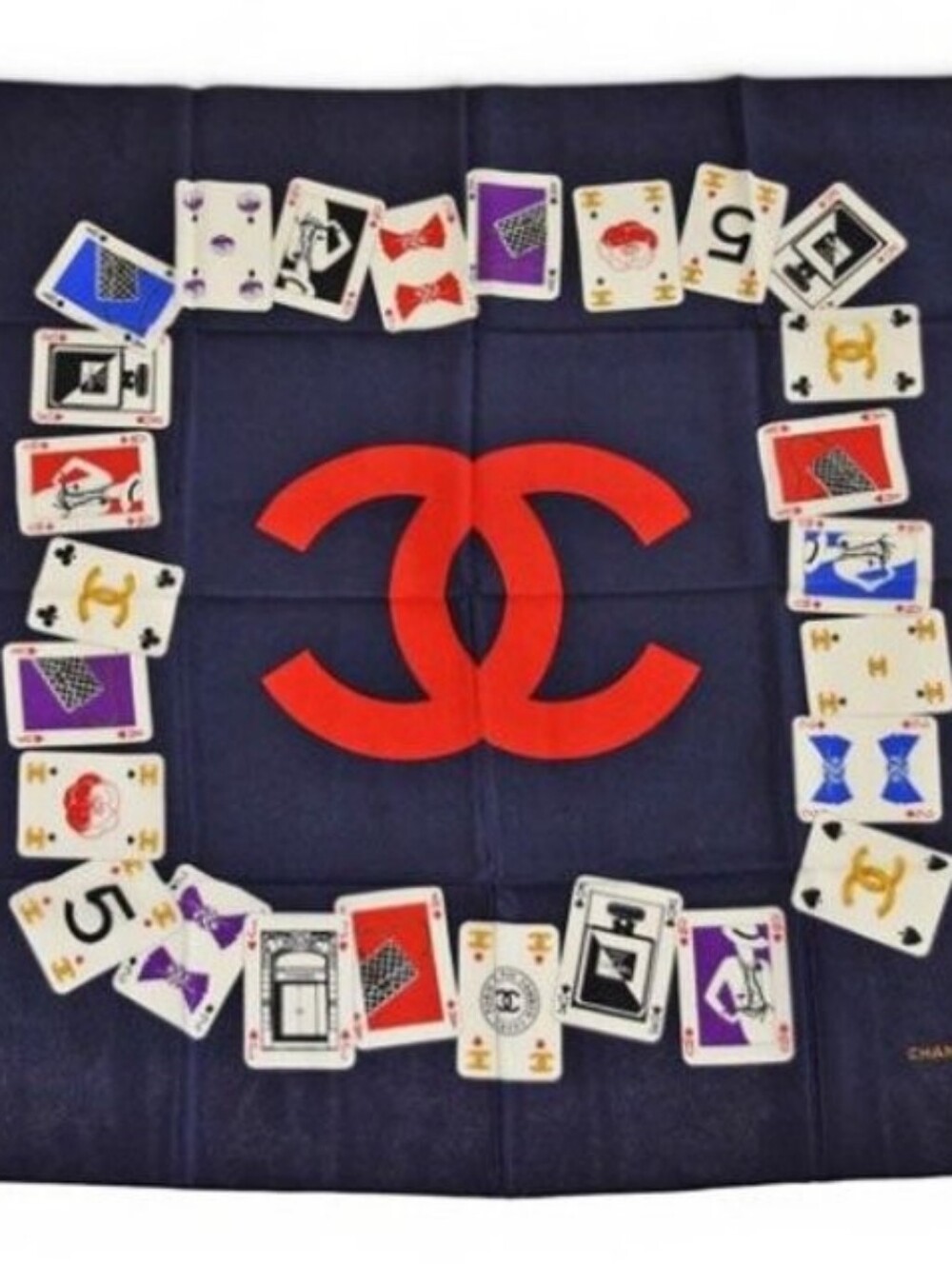 Vintage Chanel Silk Scarf Shawl Playing Cards Navy Blue